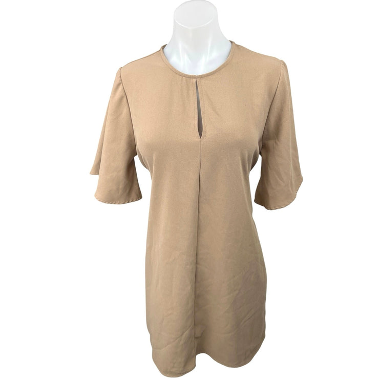 Oak + Fort Tan Brown Keyhole Neck Flutter Sleeve Tie Waist Mini Shift Dress M
