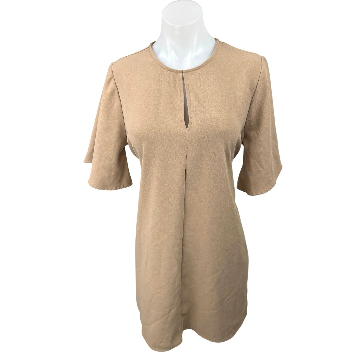 Oak + Fort Tan Brown Keyhole Neck Flutter Sleeve Tie Waist Mini Shift Dress M Oak + Fort Tan Brown Keyhole Neck Flutter Sleeve Tie Waist Mini Shift Dress M