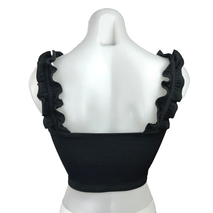 Zara Black Ribbed Knit Square Neck Ruffle Strap Sleeveless Tank Crop Top Size S