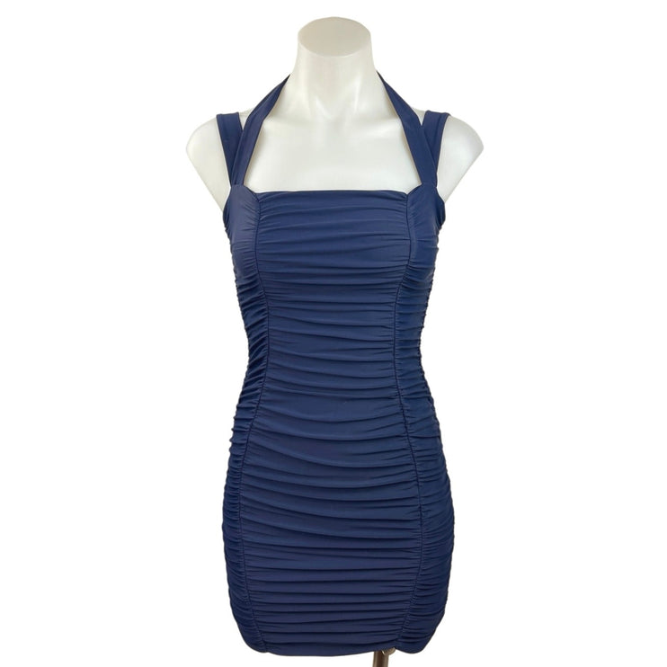 Tiger Mist Tilly Navy Blue Square Neck Ruched Fitted Mini Bodycon Dress Size XS