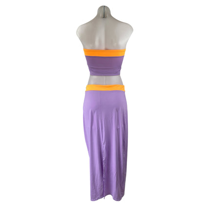 NEW ONEONE Sharon Purple Coral Bandeau Tube Slit Midi Long Skirt 2 Piece Set M