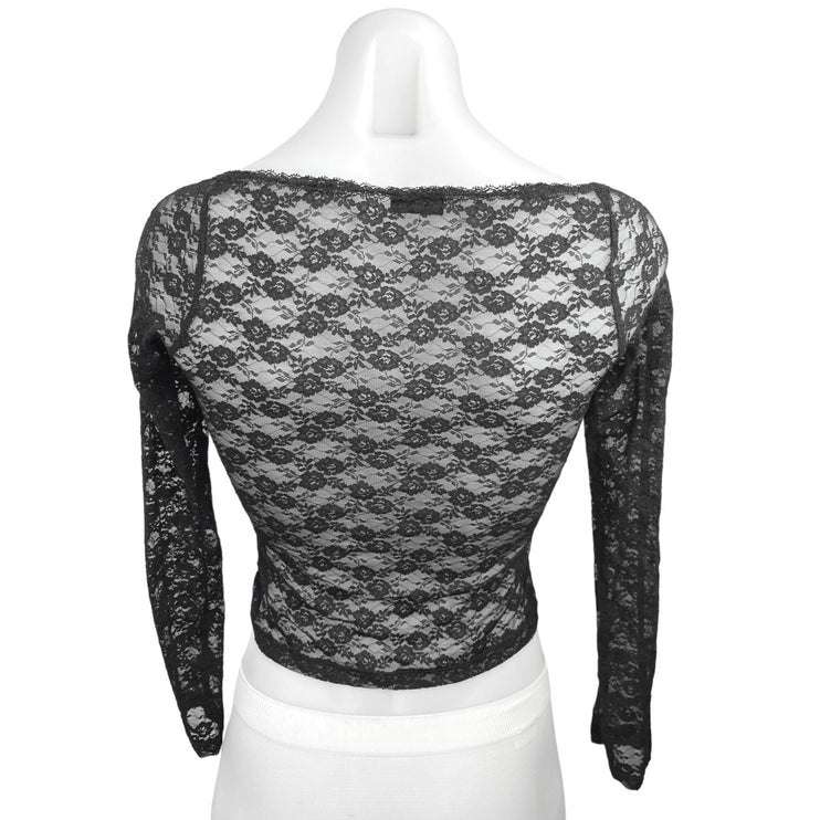 PacSun John Galt Black Lace Floral Square Neck Long Sleeve Crop Top Blouse Sz S