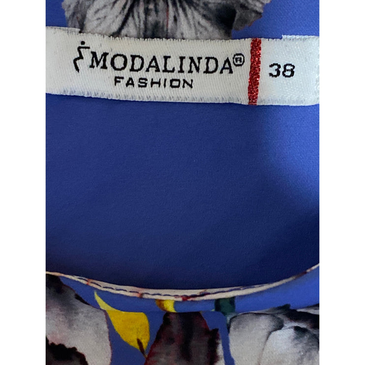 Modalinda Women's Blue Floral Long Tiered Bell Sleeve Shirt Blouse Top Size 8