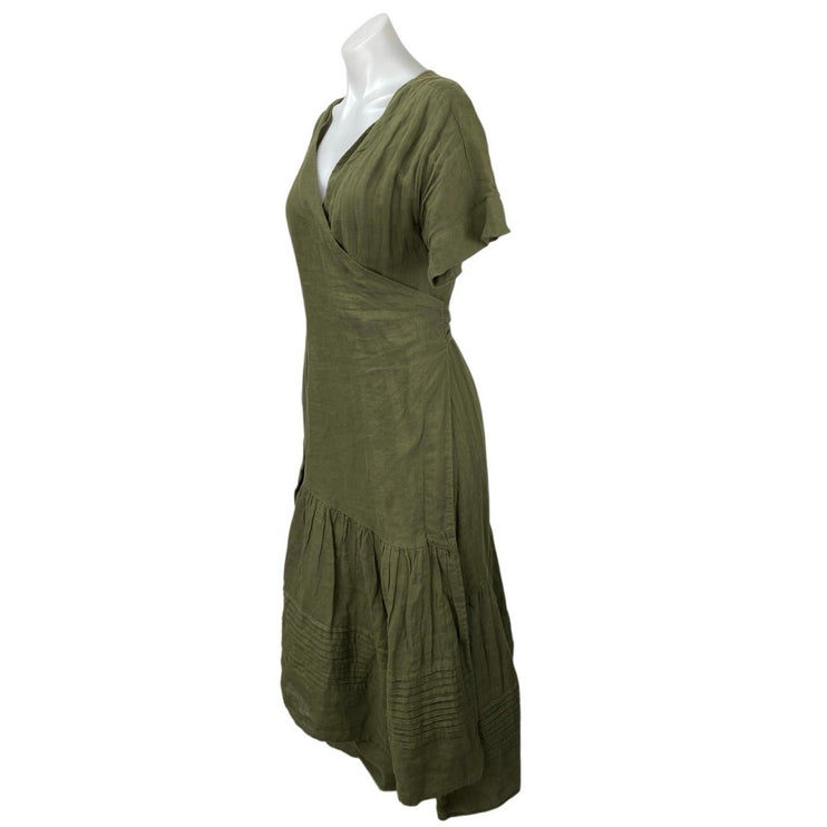 Apiece Apart Green 100% Linen Short Sleeve Ruffle A Line Wrap Maxi Dress Size M