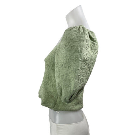 ZARA Light Green Jacquard Knit Short Puff Sleeve Square Neck Crop Blouse Top S