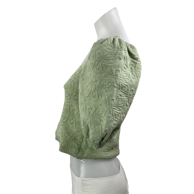 ZARA Light Green Jacquard Knit Short Puff Sleeve Square Neck Crop Blouse Top S