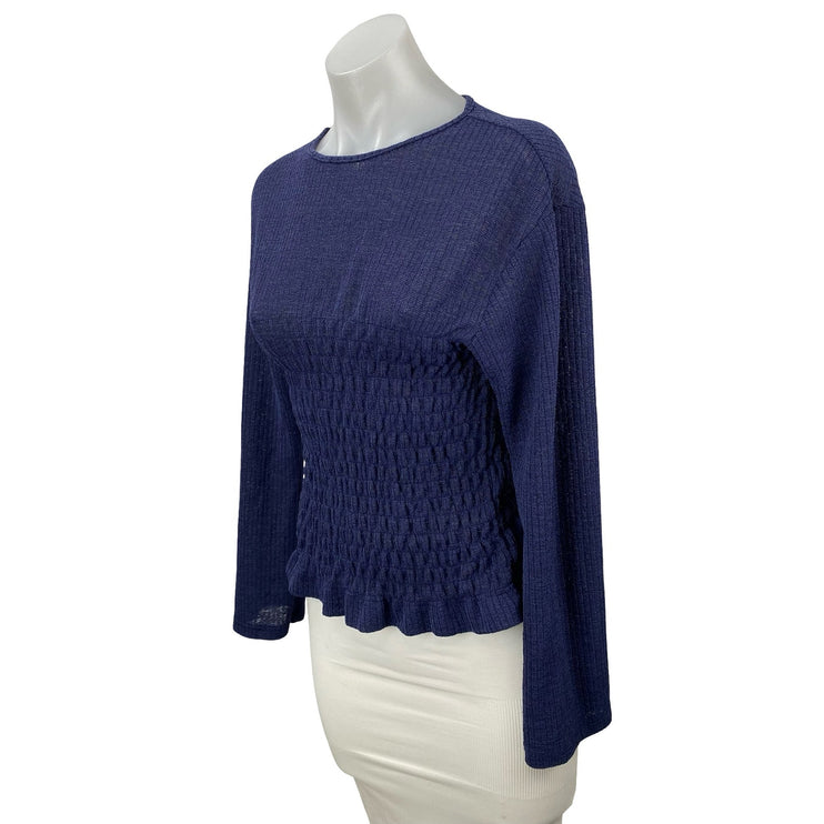 Princess Polly Women's Navy Blue Ribbed Knit Smocked Long Sleeve Sweater Top 2
