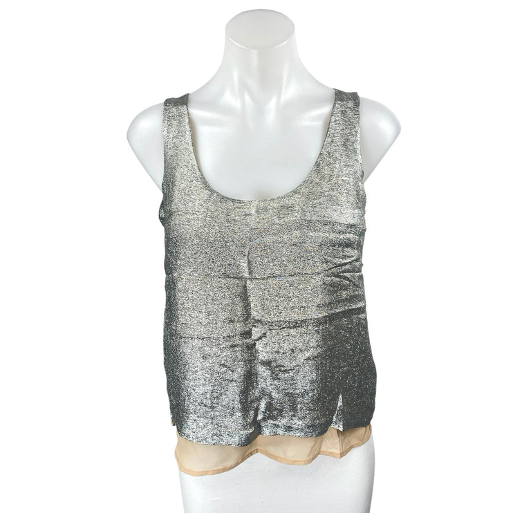 J.Crew Women Silver Metallic Glitter Sparkly Mesh Overlay Sleeveless Tank Top 0