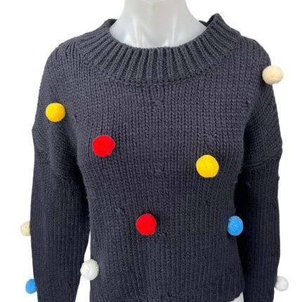 Cider Women's Blue Pom Poms Chunky Knit Long Sleeve Pullover Sweater Top Size M