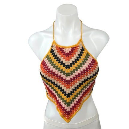 Forever 21 Multicolor Halter Crochet Striped Boho Festival Crop Tank Top Size S