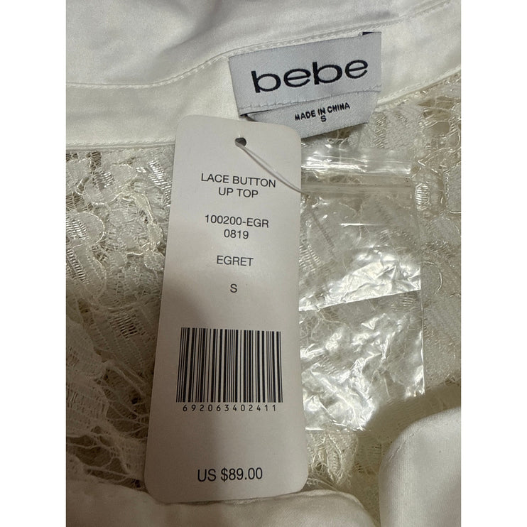 NEW Bebe White Floral Lace Collared Long Sleeve Button Down Shirt Blouse Top S