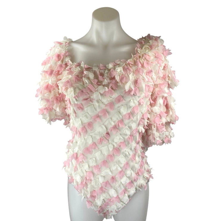 ASOS Design Pink White 3D Floral Ruffle Short Puff Sleeve Bodysuit Top Size 16