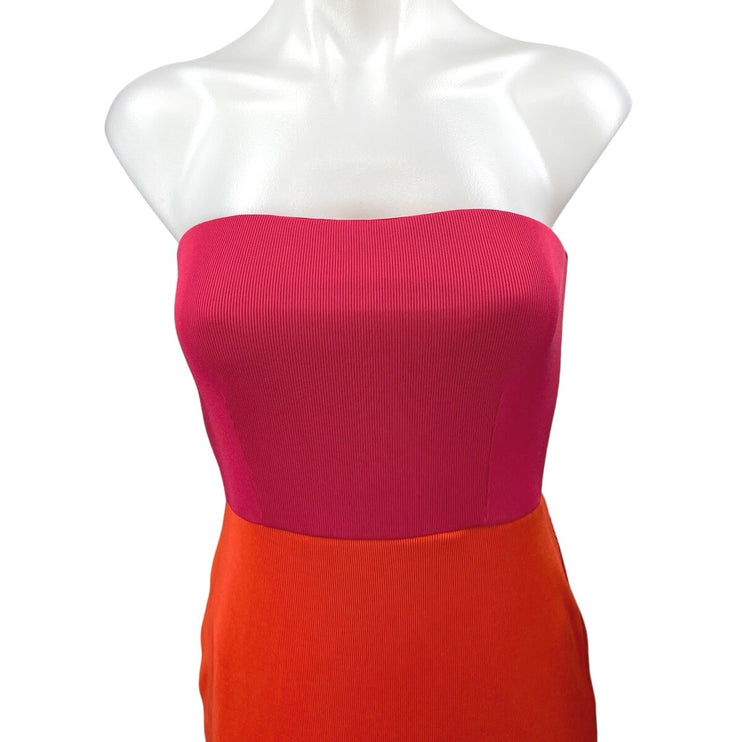 NBD Pink Orange Knit Strapless Colorblock Tube Bandeau Sheath Midi Dress Size M