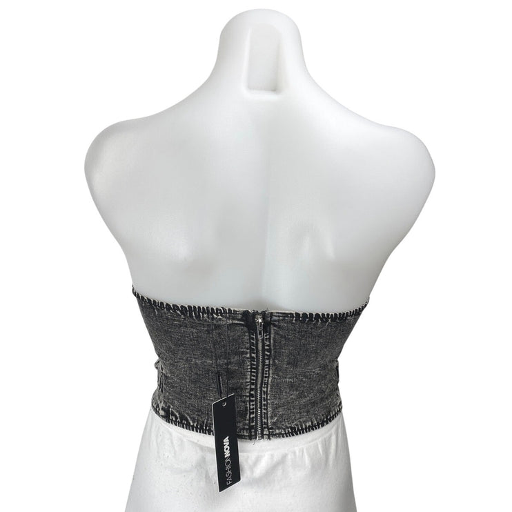 NEW Fashion Nova Black Washed Strapless Bandeau Corset Denim Jean Crop Top XS