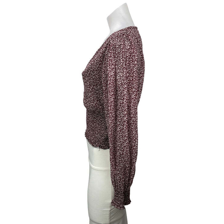 Abercrombie & Fitch Maroon Red Floral Long Sleeve V Neck Smocked Blouse Top S