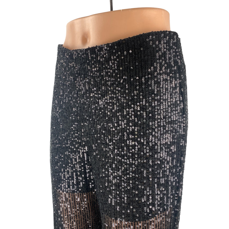 NEW Nasty Gal Women's Black Sequin Sparkly Sheer Wide Leg Trousers Pants Size 8