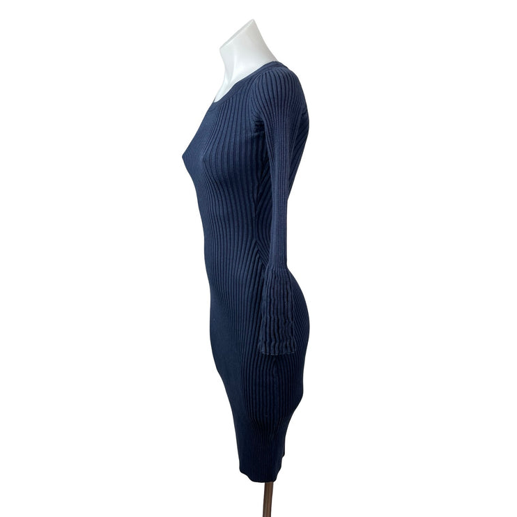 Bar III Women's Blue Ribbed Knit Long Bell Sleeve Midi Sweater Bodycon Dress XS