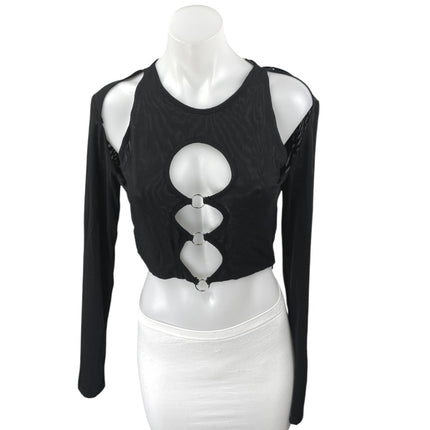 NEW White Fox Black Long Sleeve Cutouts Cold Shoulder Blouse Crop Top Size M