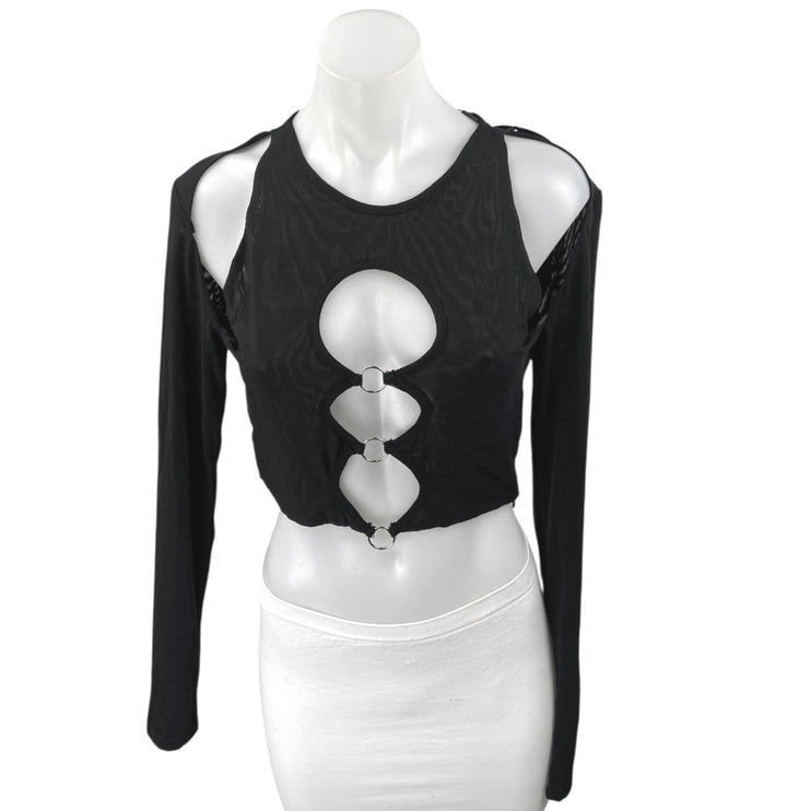NEW White Fox Black Long Sleeve Cutouts Cold Shoulder Blouse Crop Top Size M