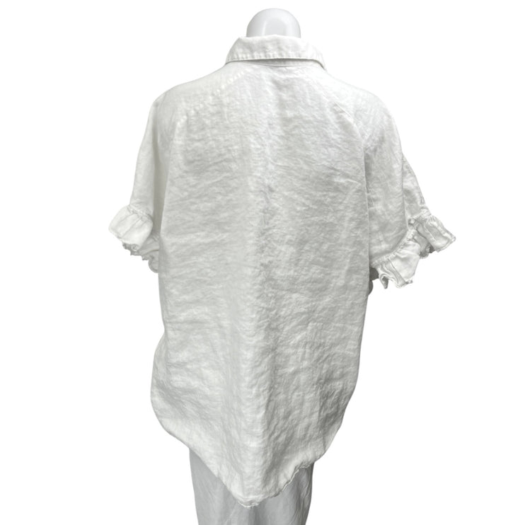 Saks Fifth Avenue White 100% Linen Oversized Ruffle Button Down Shirt Top Sz M