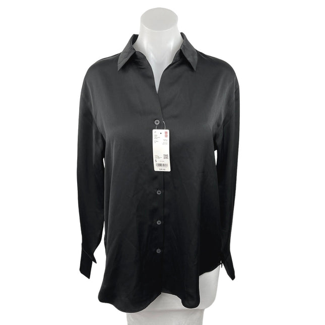 Uniqlo Glossy Satin Silky Collared Black Long Sleeve Button Front Blou – Brie