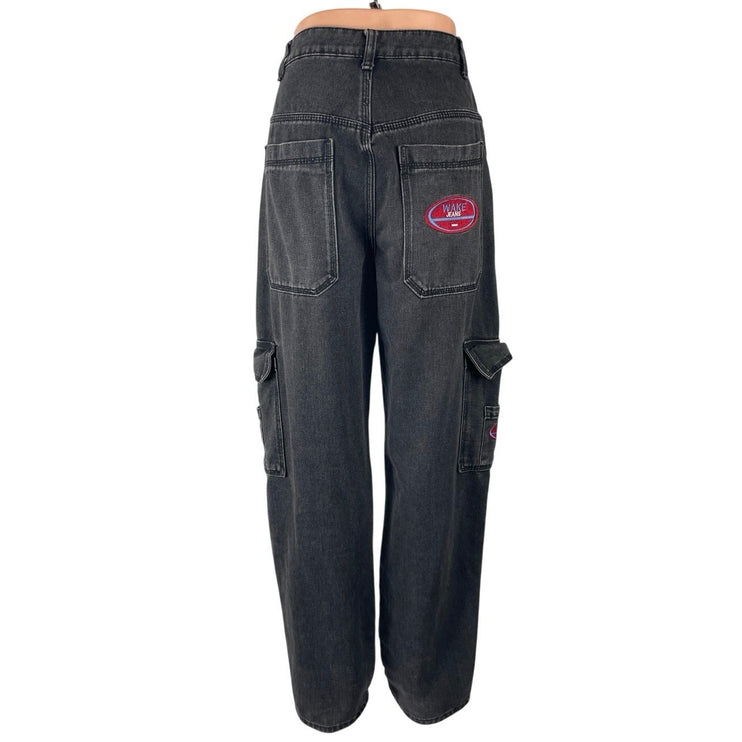 Wake Women's Black High Rise Y2k Utility Baggy Wide Leg Cargo Denim Jeans Size S