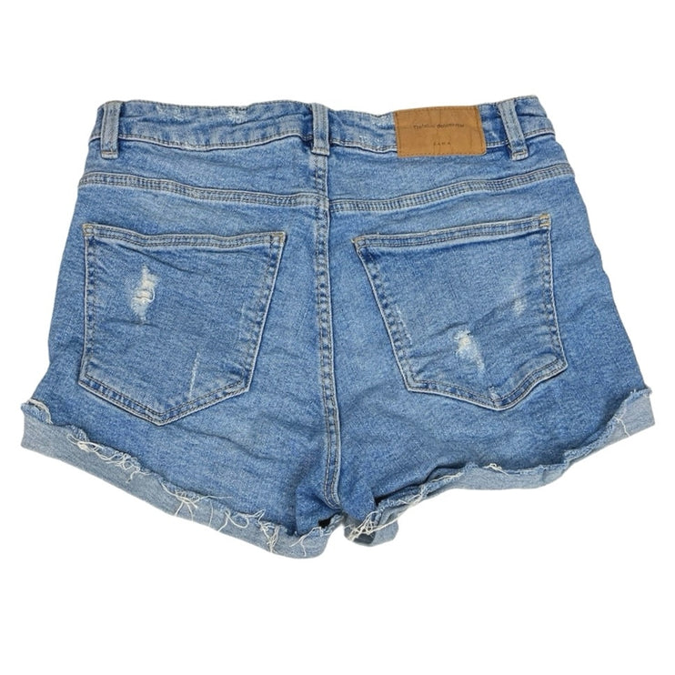 Zara Trafaluc Blue Distressed Cuffed Medium Wash High Rise Denim Jean Short Sz 4