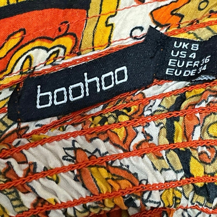 Boohoo Orange Paisley Floral Tie Sleeveless Smocked Fit & Flare Mini Dress Sz 4