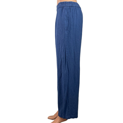 Talbots Blue Linen Blend Elastic Waist Straight Wide Leg Trousers Pants Size 12