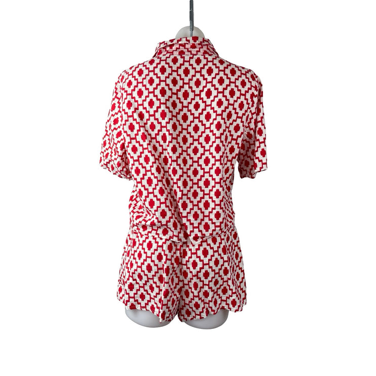 Shade & Shore Red Geometric Ikat Button Up Top Wide Leg Short Pajama Set Size S