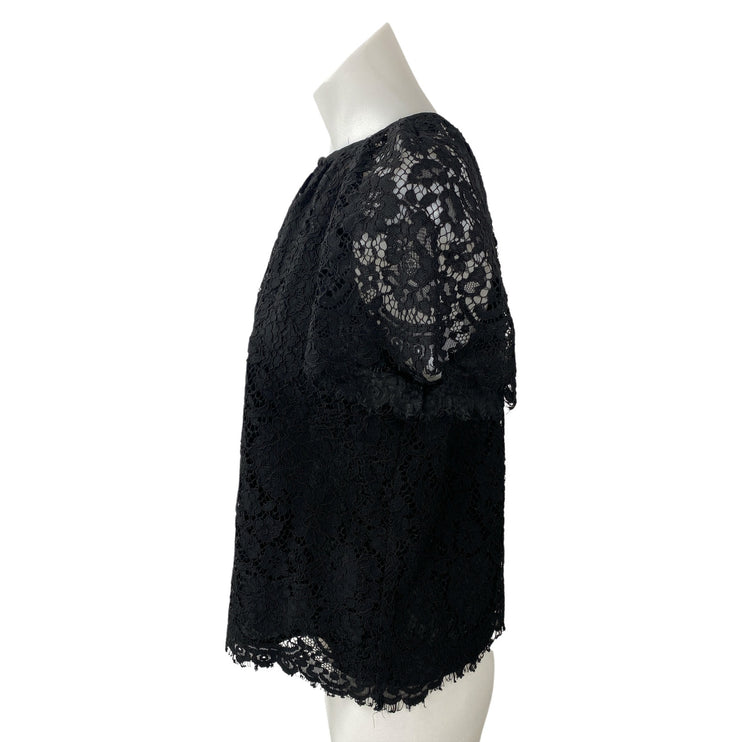 J.Crew Women's Black Floral Lace Keyhole Round Neck Short Sleeve Blouse Top Sz S