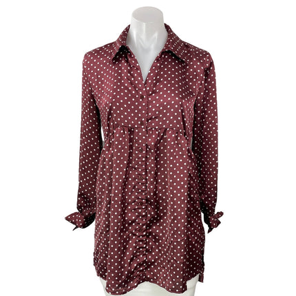 Zara Maroon Long Sleeves Silk Satin Polka Dots Tunic Blouse Shirt Dress Size M