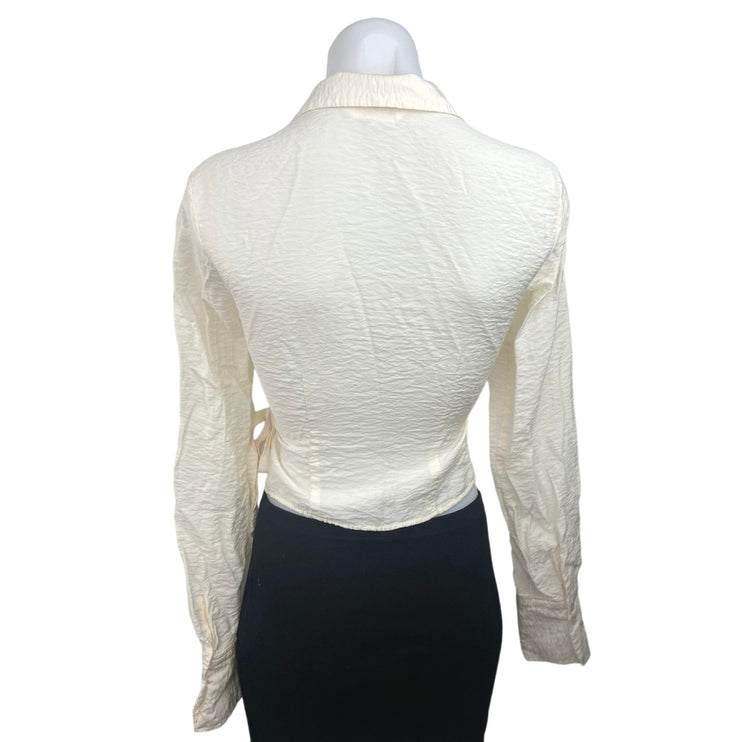 H&M White Collared Deep V Neck Cropped Long Sleeve Wrap Blouse Top Size XS