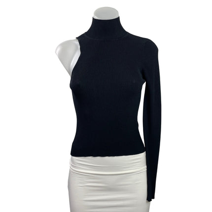Zara Womens Black Ribbed Knit Turtleneck One Shoulder Long Sleeve Sweater Top M