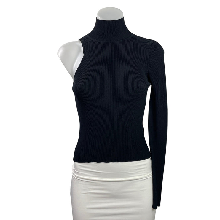 Zara Womens Black Ribbed Knit Turtleneck One Shoulder Long Sleeve Sweater Top M