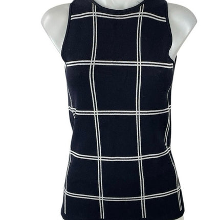 Ann Taylor Black Plaid Window Pane Check Sleeveless Knit Blouse Top Size XS