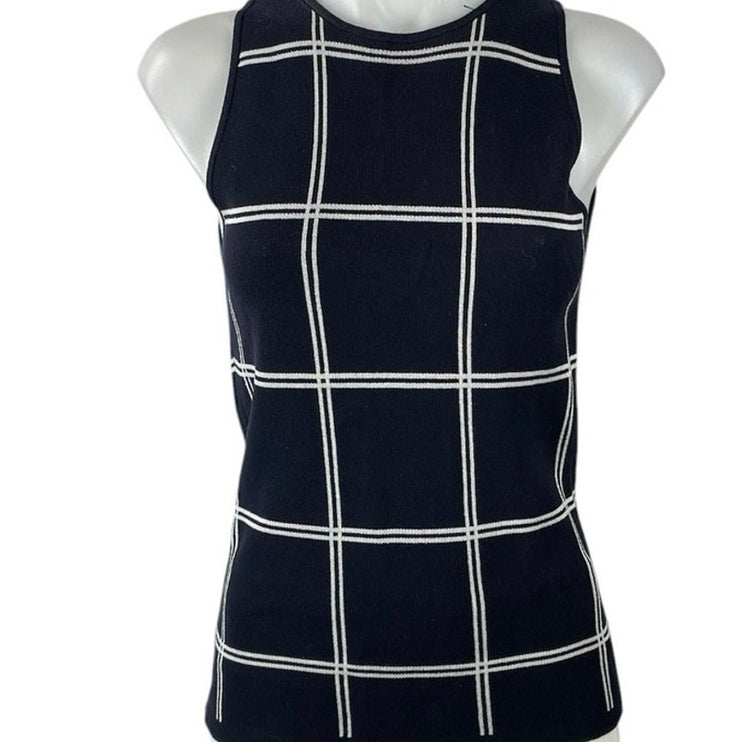 Ann Taylor Black Plaid Window Pane Check Sleeveless Knit Blouse Top Size XS