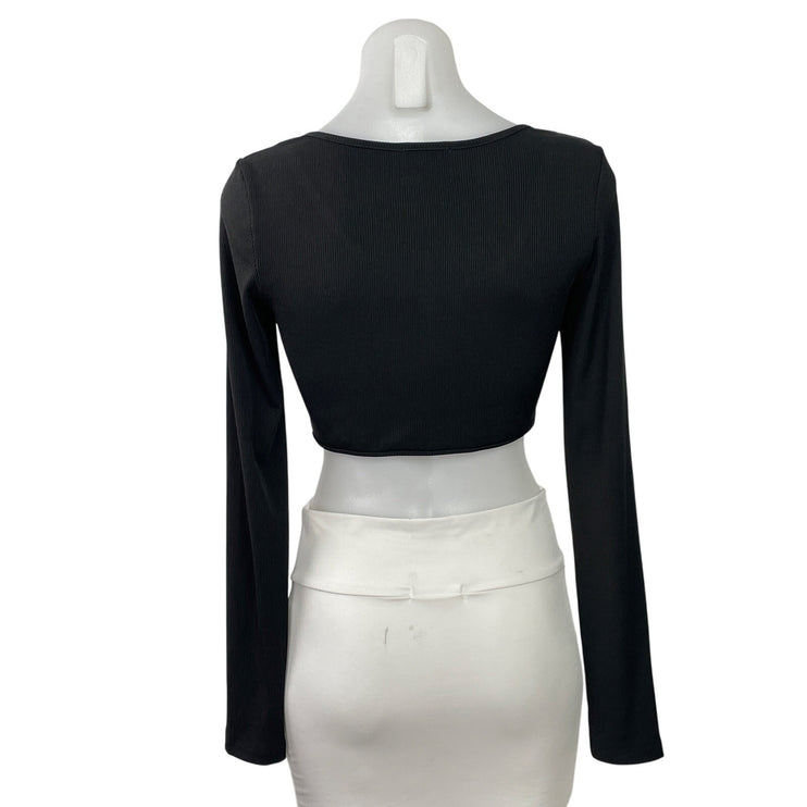 Princess Polly Womens Black Ribbed Knit V Neck Long Sleeve Ruched Tie Crop Top 6
