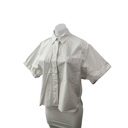 Zara Women's White Beige Striped Short Sleeve Pocket Button Down Shirt Top Sz XS