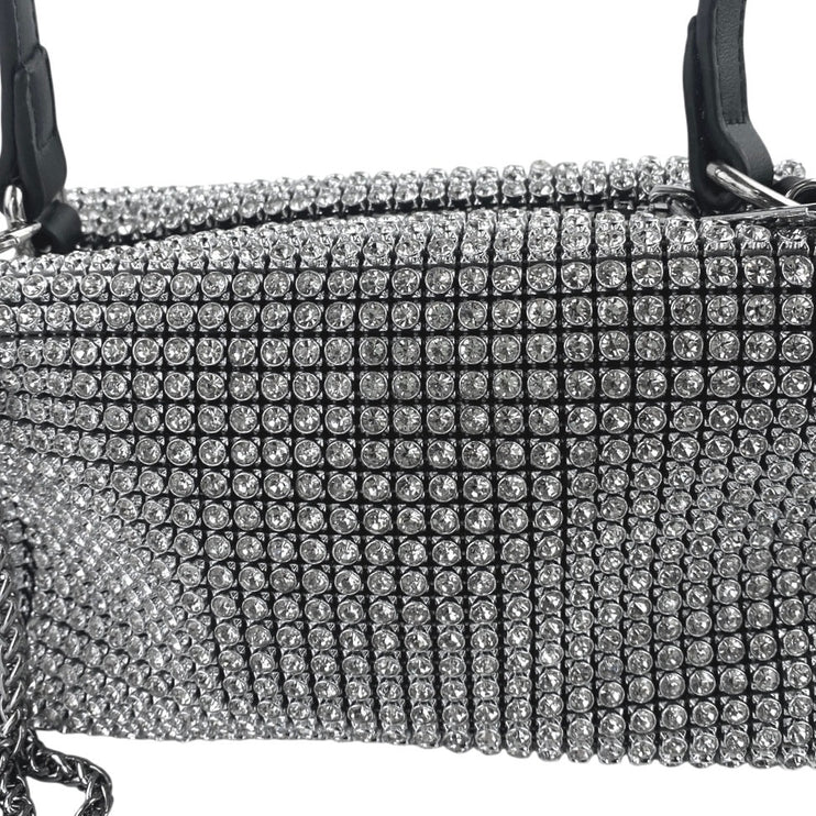 Women's Silver Black Rhinestone Sparkly Chain Crossbody Shoulder Handbag OS