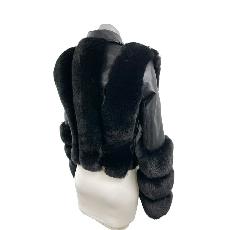 Women's Black Faux Fur Trim Faux Vegan Leather Crop Moto Biker Coat Jacket Sz S