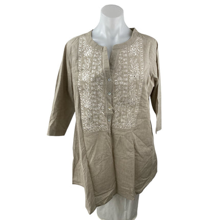 NEW Diza Beige Floral Embroidered 3/4 Sleeve Button Front Blouse Shirt Top Sz S