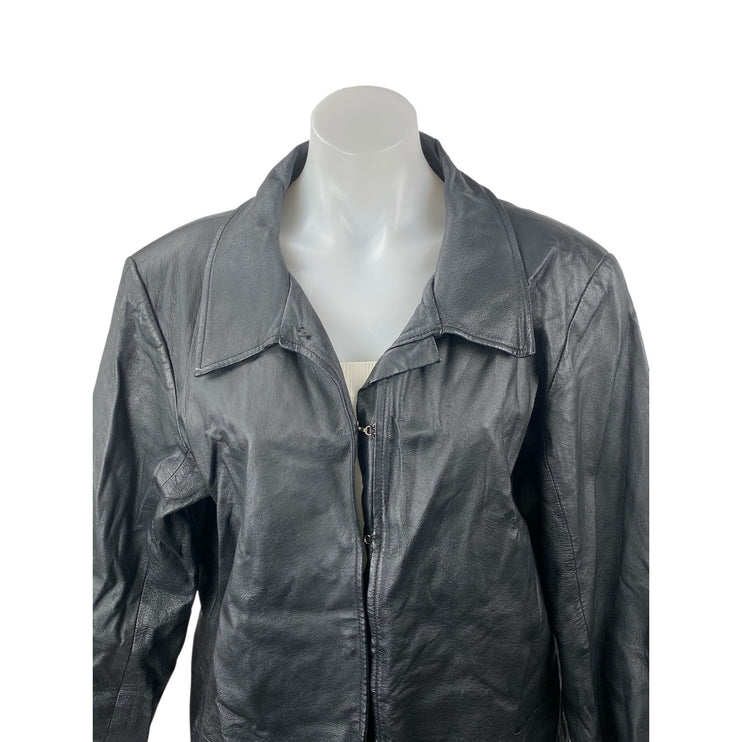 Newport News 100% Genuine Leather Womens Black Long Sleeve Trench Coat Jacket XL