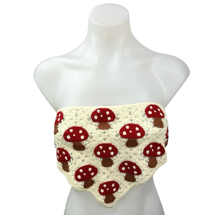 White Red Mushroom Crochet Handmade Strapless Bandeau Bandana Crop Tube Top Sz S