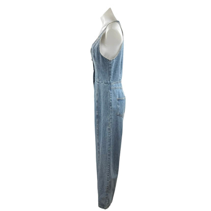 Etiquette Blue Denim Sleeveless V-Neck Button Wide Leg Overalls Jumpsuit Size S