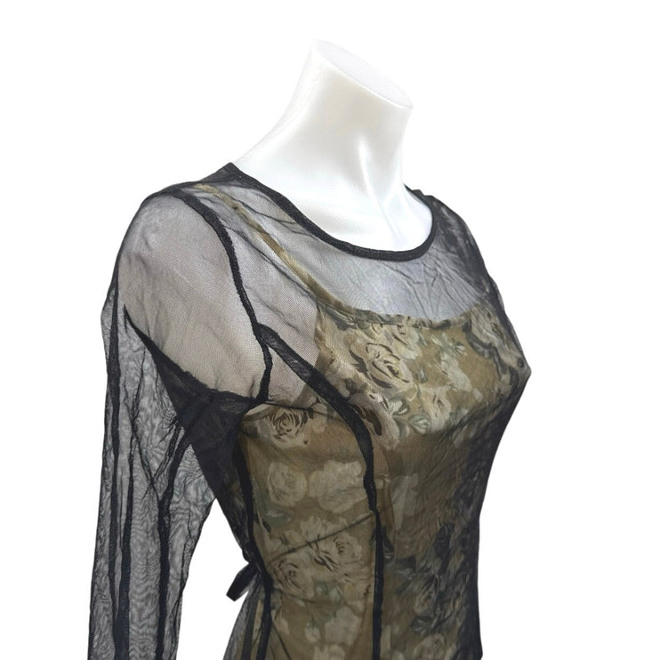 Vintage Karloza Black Beige Long Sleeve Mesh Overlay Floral A Line Maxi Dress 6