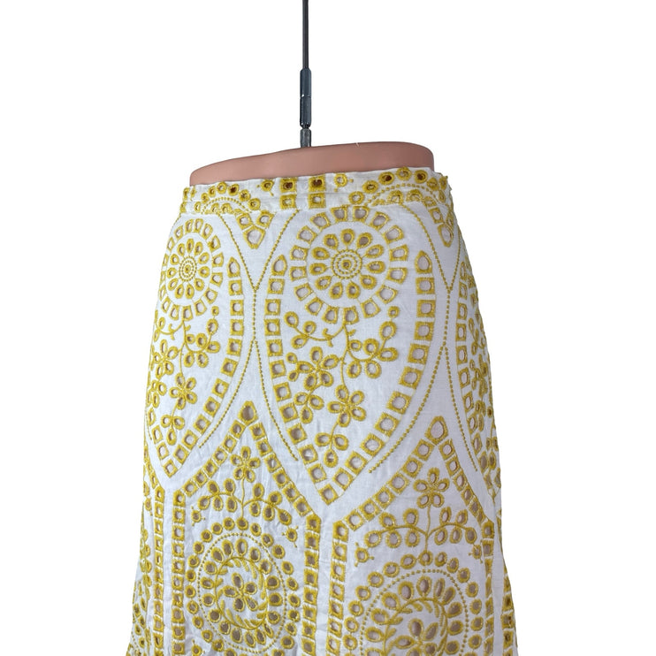 Minkpink Krista Women's Yellow Eyelet Embroidery Ruffled Midi A-Line Skirt Sz S