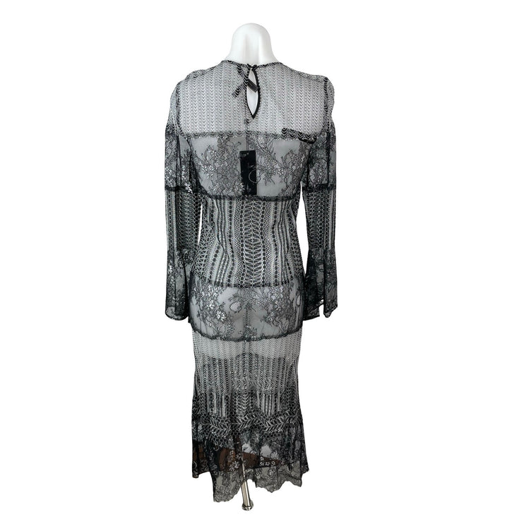 NEW BCBGMAXAZRIA Black Metallic Lace Long Bell Sleeve Maxi Shift Dress Size XXS