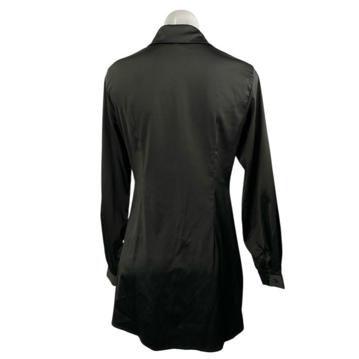 Princess Polly Black Satin Ruched Button Doen Long Sleeve Mini Shirt Dress Sz 6