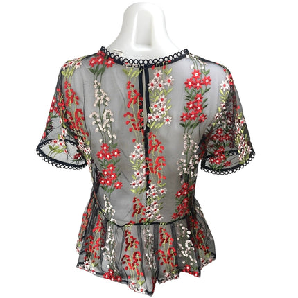 Loveriche Black Mesh Sheer Floral Embroidered Short Sleeve Peplum Blouse Top M